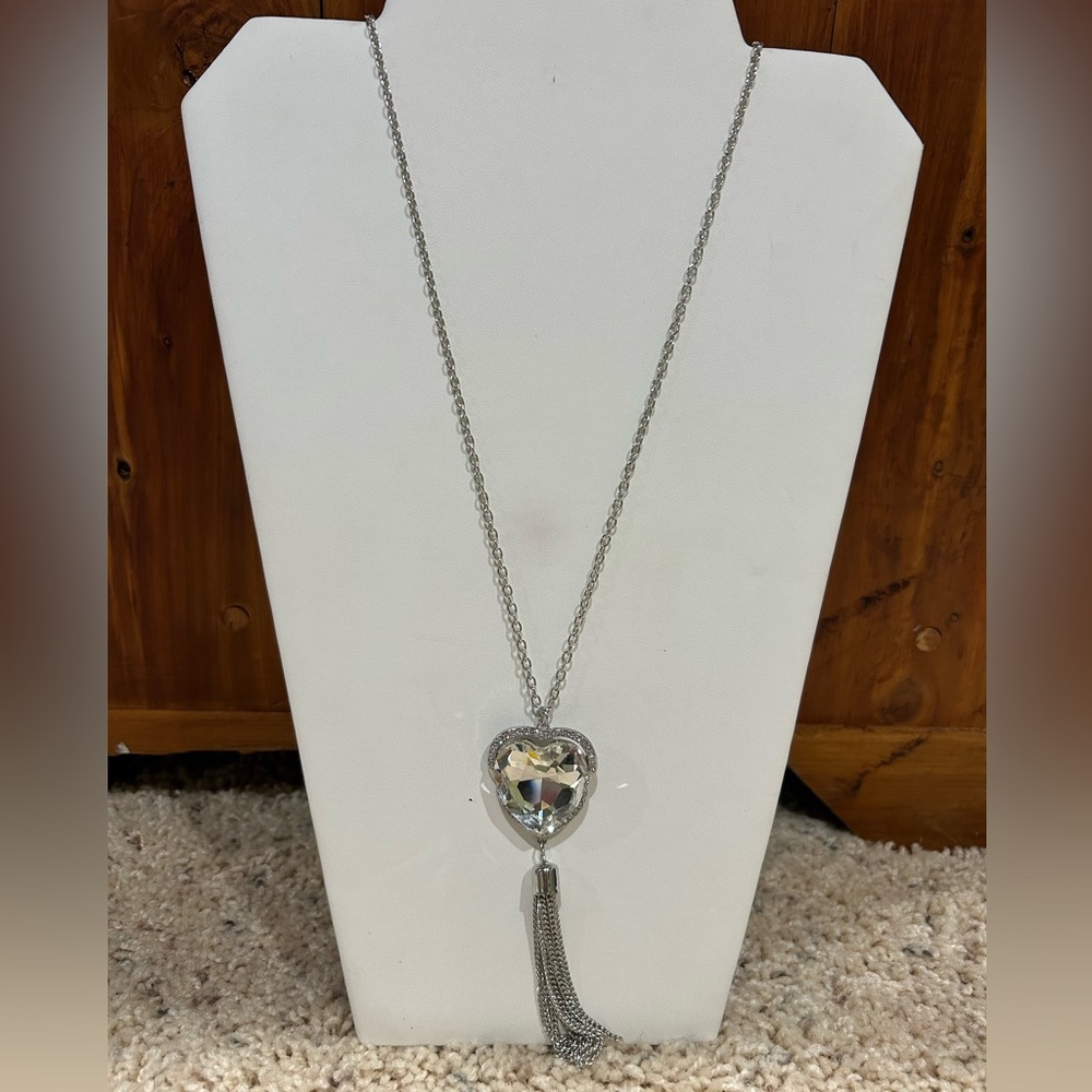 Long Super Sparkly Silver-toned Heart Gem Tassel Pendant Necklace